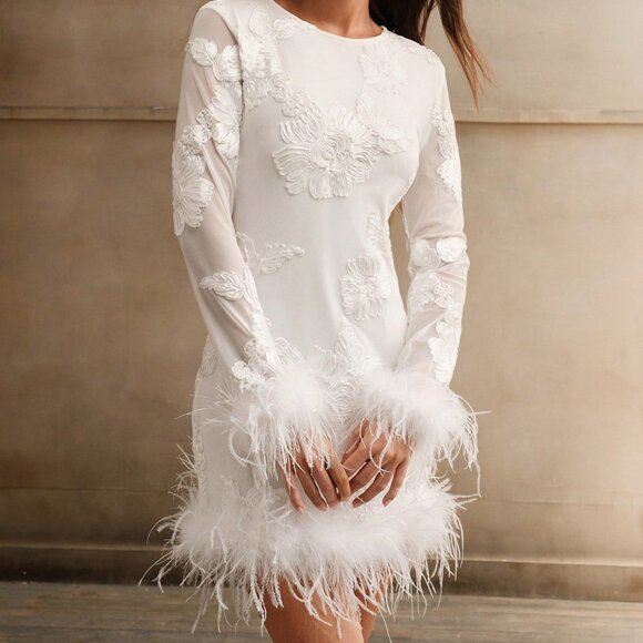 White Elegant Women's Sexy Mini Bodycon Dress with Embroidered Feather Sleeves - Picture 6 of 7
